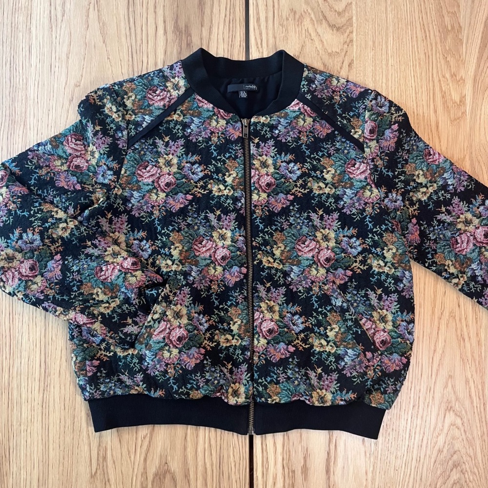 Ladakh Floral Tapestry Bomber Jacket Women Size 4 Multicolor Cottagecore Zip Up